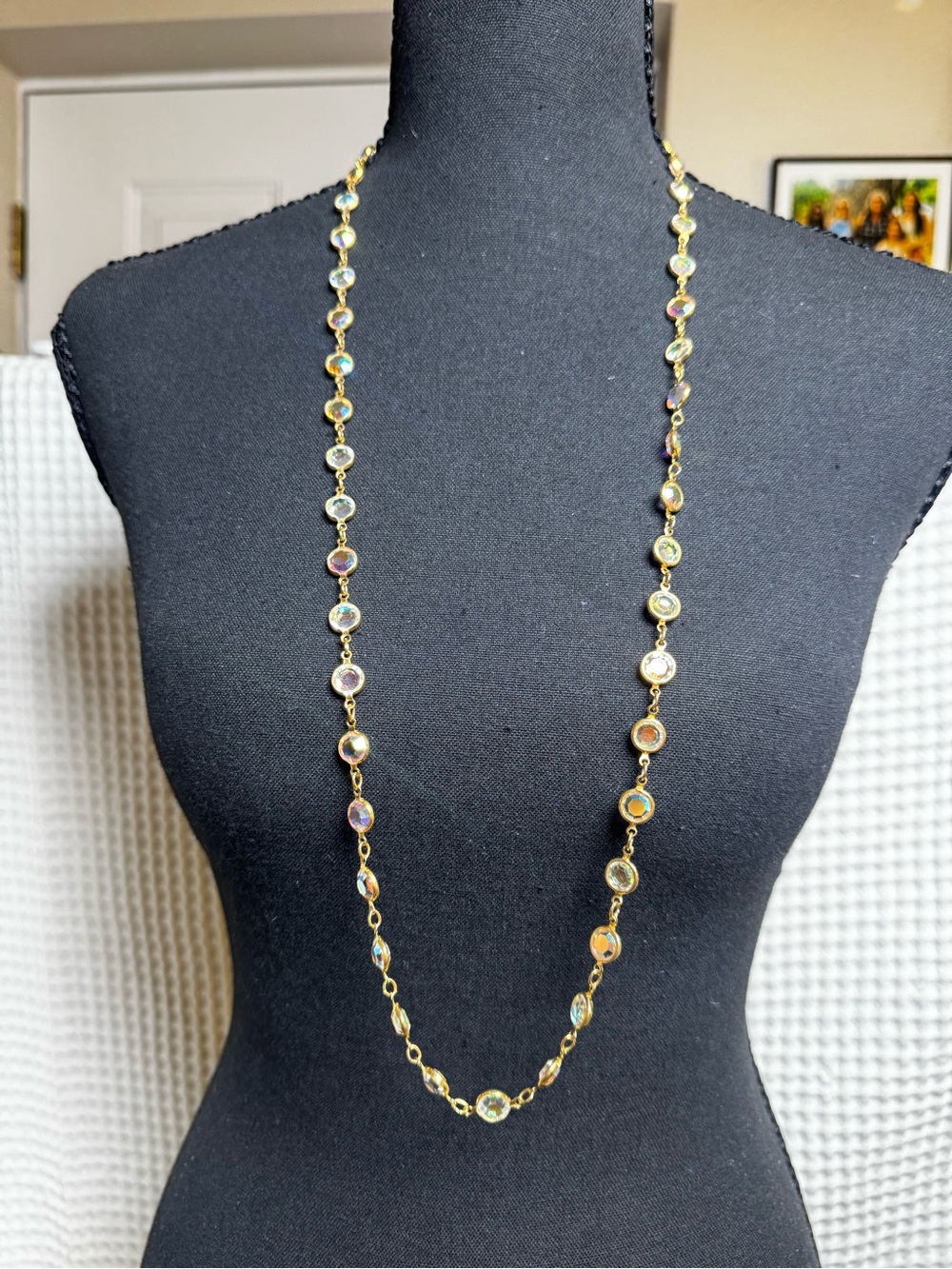 Vintage Signed Austrian Crystal USA Aurora Borealis AB Station Necklace, 34”